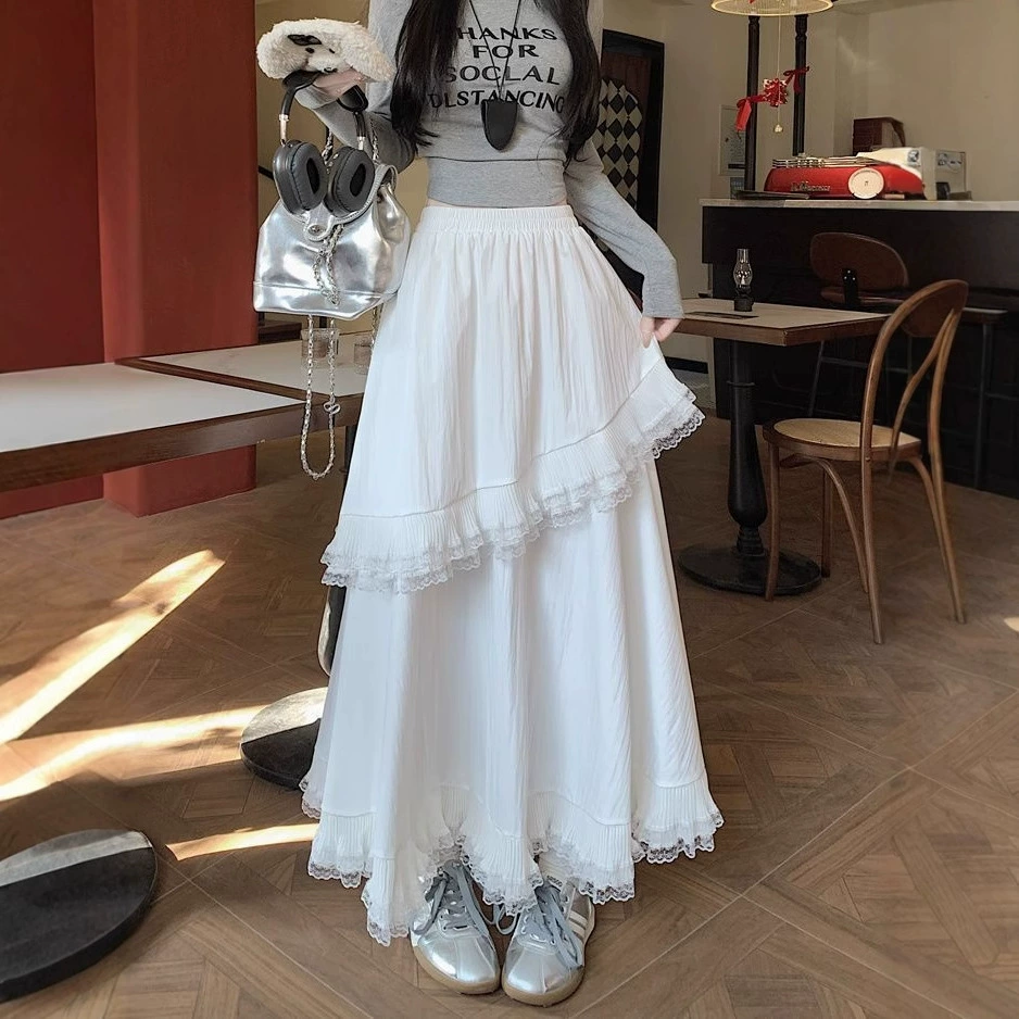 Кружевная юбка с высокой талией, лето 2025, новый стиль, утягивающая, с листьями лотоса, большая эластичная длинная юбка