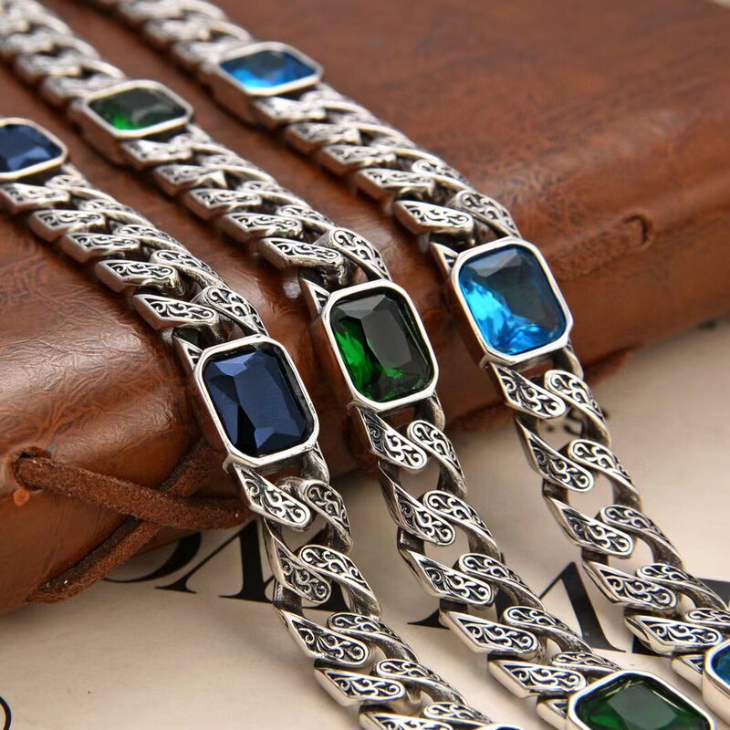 New Square Diamond Vine Pattern Bracelet S Pure Romantic Ocean Blue Turkish Emerald Antique Style Men's Bracelet