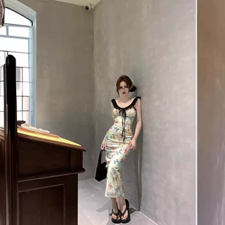 蝴蝶印花蕾丝拼接吊带连衣裙女夏季性感纯欲紧身长裙子收腰包臀裙