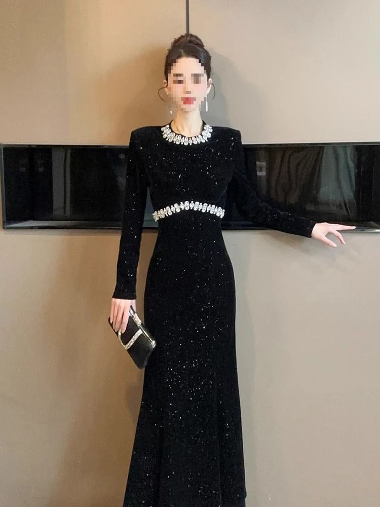 European-style Black For Women, Spring Collection, Heavy-duty Rhinestone Embellished Party Gown, Light Luxury Fishtail_ecoleips.com