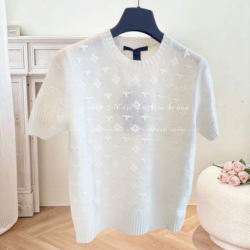 Non-Market Goods~Shenzhen Nanyou High-End European-Style Women's Clothing White Letter Jacquard Knit Short-Sleeve Wool Top for Spring Non-Market Goods~Shenzhen Nanyou High-End European-Style Women's Clothing White Letter Jacquard Knit Short-Sleeve Wool Top for Spring