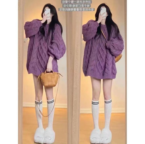 Demi-season knitted purple cute sweater with a round collar