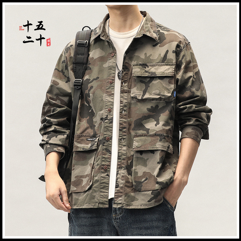 Camouflage coat men's autumn and winter 2024 new military style Denim shirt tide brand loose work long sleeve top