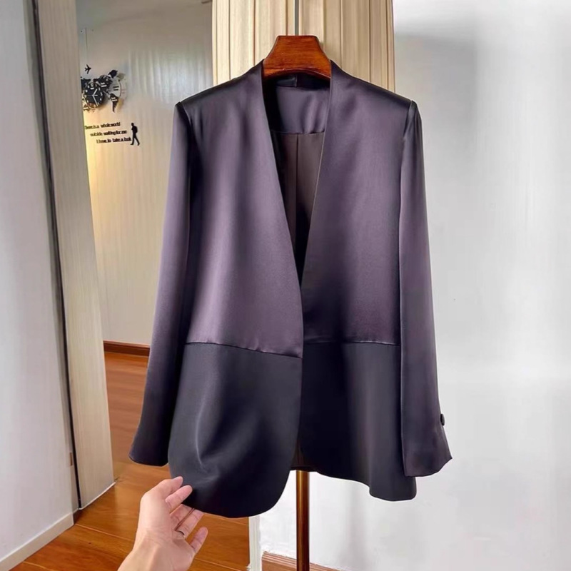 Light Luxury Acetate Satin Splicing Blazer for Women, Spring and Summer Elegant V-Neck Loose Slimming Single Jacket, Thin