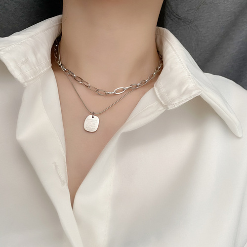 Titanium Steel Non-fading Square Metal Necklace Women's Minority Design Double Layer Overlap Clavicle Chain Cool Style Accessories 