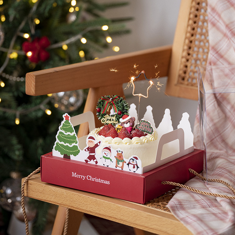 2023网红圣诞节透明手提四寸蛋糕盒4寸6寸加高5慕斯包装盒子礼盒