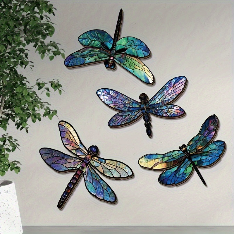 Cuelga transfronteriza venta caliente 4 piezas de madera libélula arte de pared adecuado para jardín al aire libre cerca decoración de sala de estar y boda