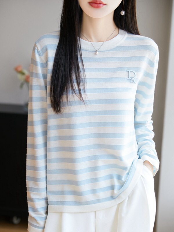 ストライプ長袖 Tシャツ 2025 秋の新大きいサイズファット mm ファッションカジュアル多用途ルーズラウンドネックボトリングトップ|undefined