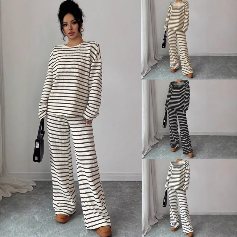 2026 European and American Autumn and Winter Casual Loose Home Wear Striped Round Neck Long-Sleeve Long Pants Set Women's Summer Outfit 2026 European and American Autumn and Winter Casual Loose Home Wear Striped Round Neck Long-Sleeve Long Pants Set Women's Summer Outfit