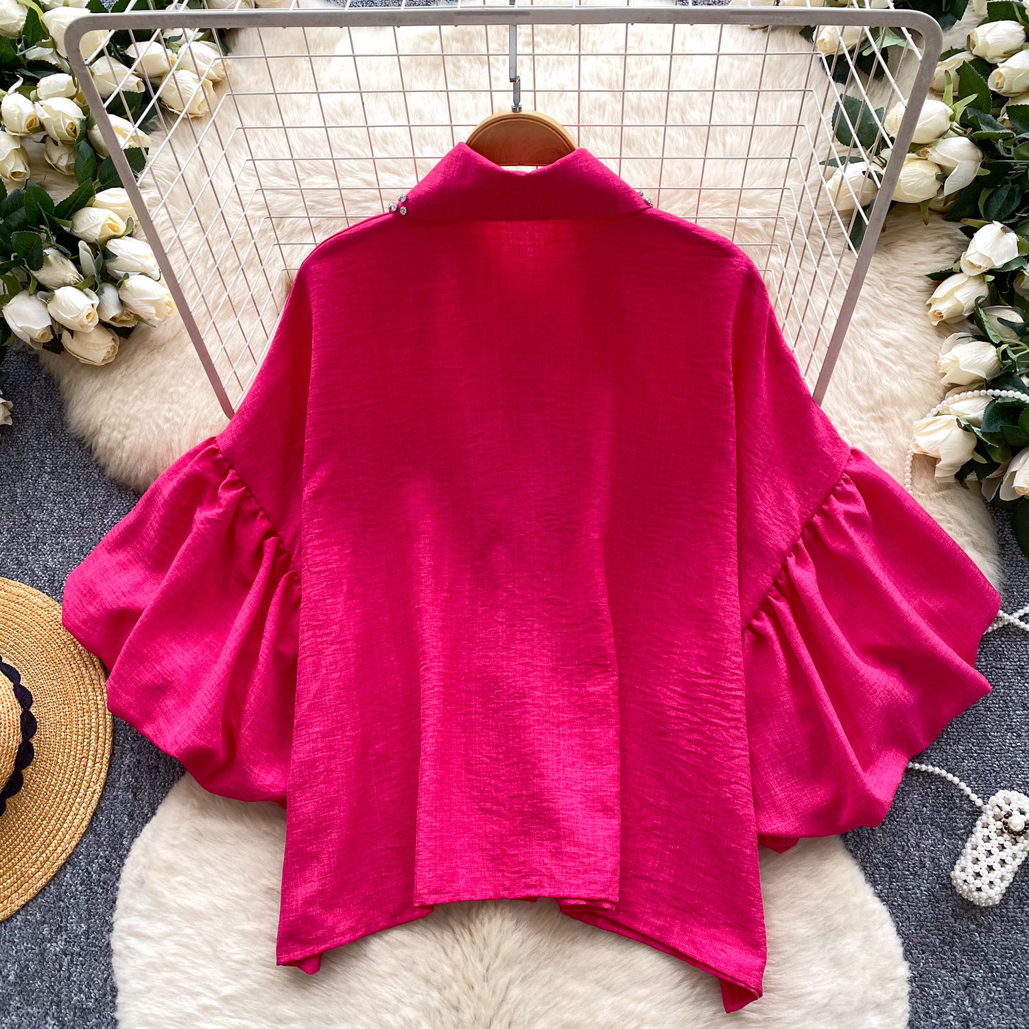 Women's French Style Rhinestone Blouse Summer Lantern Sleeve Cardigan Beaded Collar Loose Fit Versatile High End Top Heavy Duty_ecoleips.com