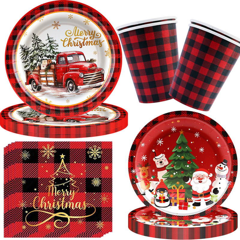 Cross-Border Christmas Theme Red and Green Plaid Christmas Car Disposable Tableware Set Paper Plate Party Decoration Supplies Cross-Border Christmas Theme Red and Green Plaid Christmas Car Disposable Tableware Set Paper Plate Party Decoration Supplies