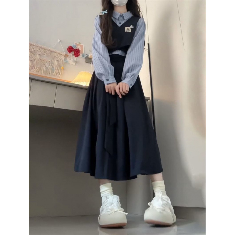 NUNBAI Three-piece Suit Korean-style College-style Short Strap Vest Striped Shirt High Waist Long Skirt