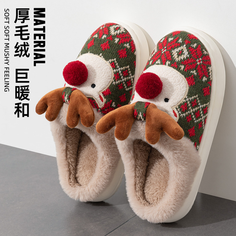 2025 New Cute Christmas Reindeer Cotton Slippers for Women, Winter Home Non-Slip Plush Closed-Toe Cotton Slippers for Men