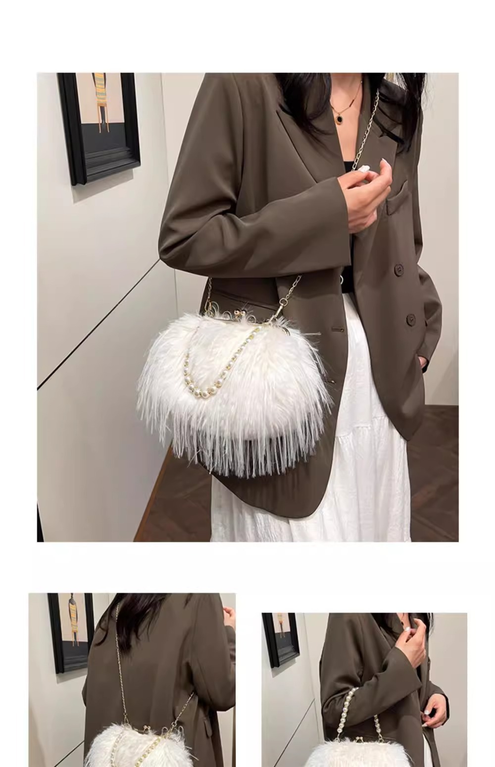 Exquisite furry plush bag messenger bag for women 2024 new autumn and winter plush bag pearl chain handbag_voghion.com