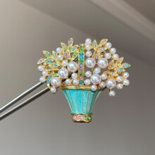 中古vintage彩釉珍珠水钻花朵胸针复古多巴胺时尚花篮盆栽别针女