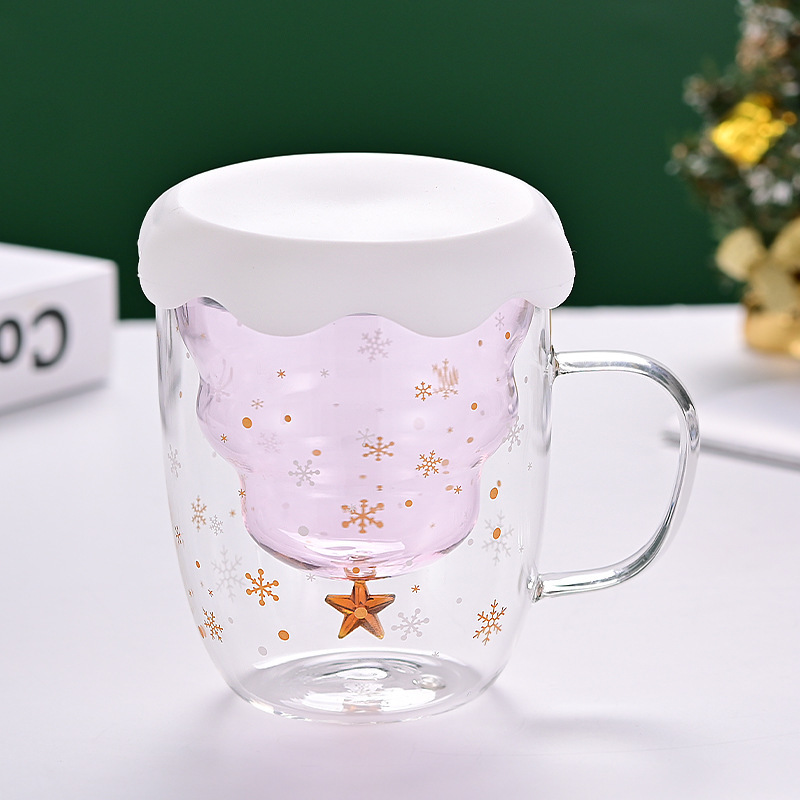 Taza navideña de vidrio de doble capa con asa, diseño de estrella y deseos, ideal para leche o jugo