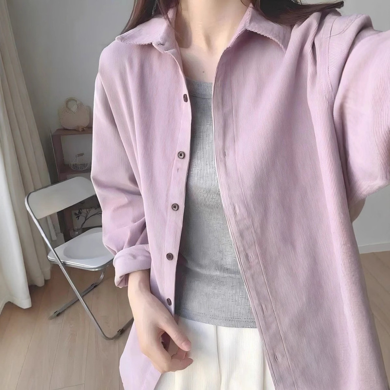 Korean Purple Corduroy Shirt for Women 2025 Spring & Fall New Loose Long-Sleeved Versatile Casual Jacket Top Shirt