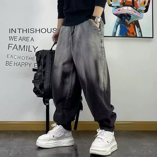 牛仔裤男特大码渐变色春秋季美式复古高街宽松百搭休闲运动哈伦裤