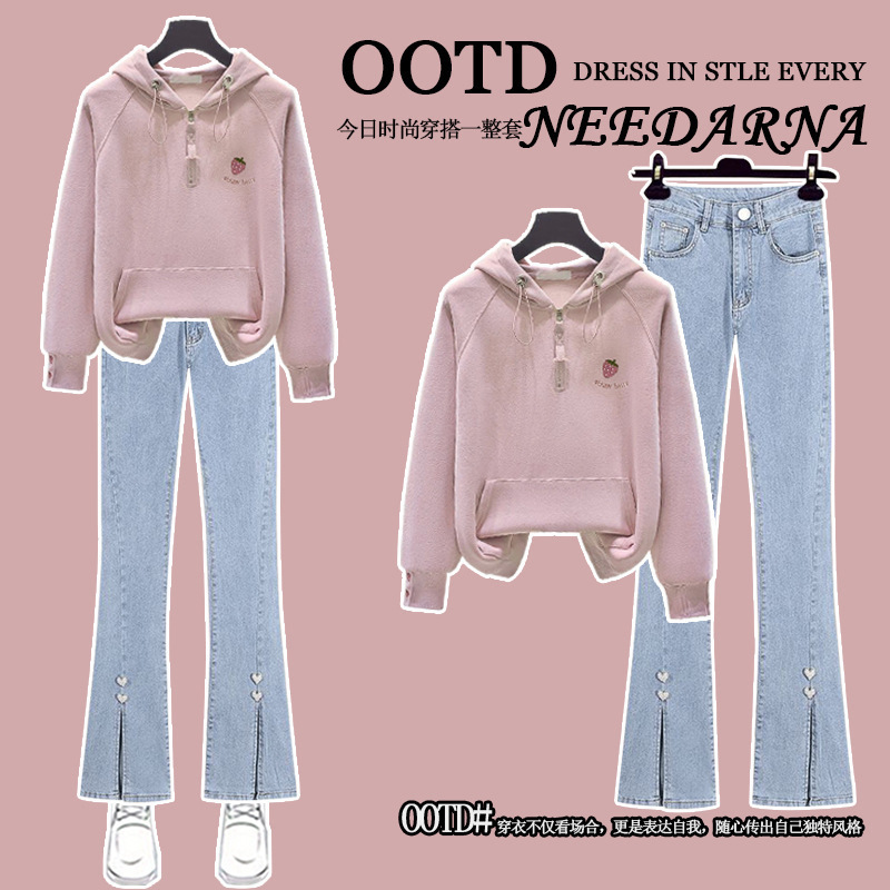 Denim suit# Casual Top Strawberry Embroidered Hooded Sweat with light blue Love Split Jeans for Women