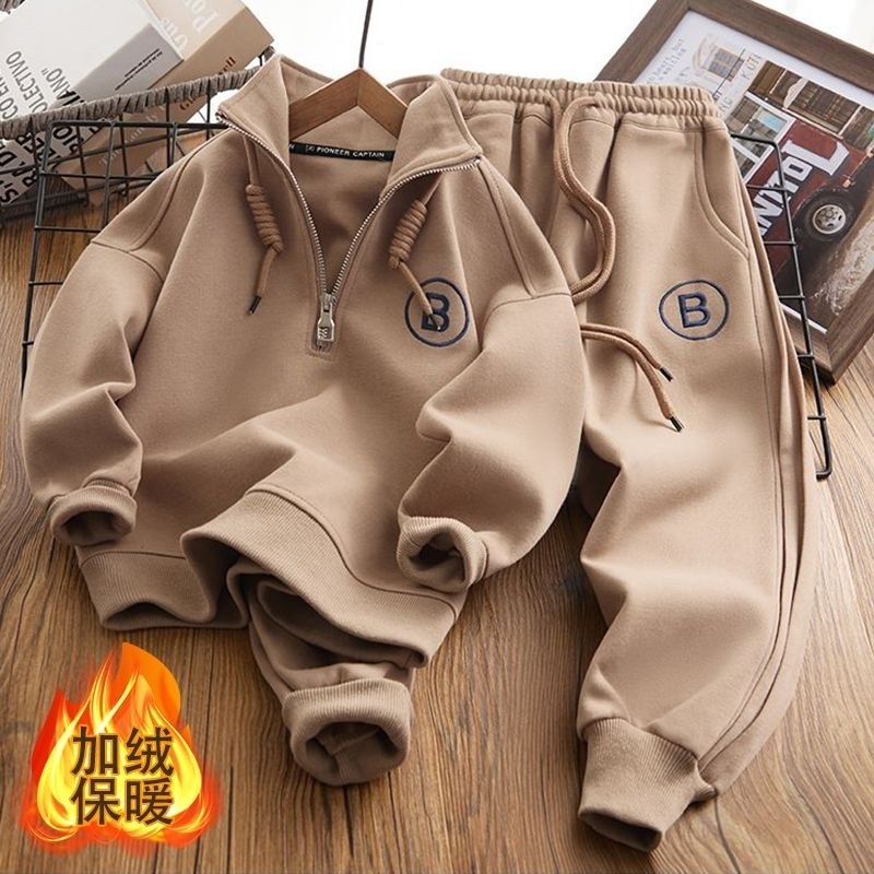 WZXSK 소년 기모 따뜻한 어린이 가을 겨울 자수 어린이 운동복 가을 세트 아동복