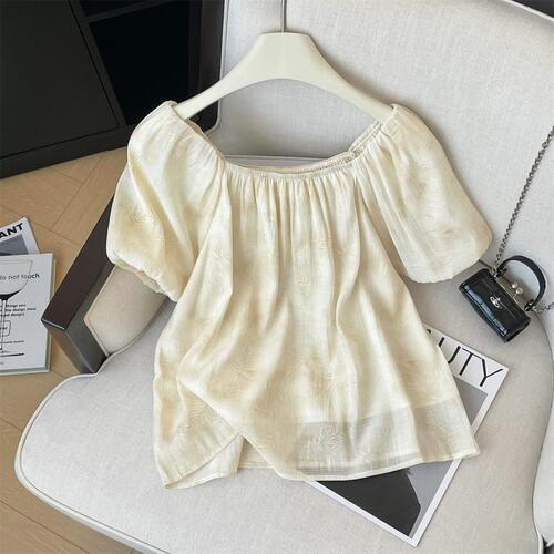 French one-shoulder chiffon blouse women's summer wear stylish bubble sleeve small top beautiful unique floral print top