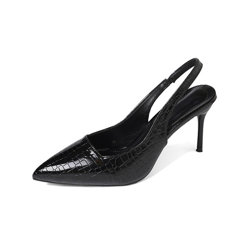 A new fashionable patent leather pointed-toe shallow mouth back strap high-heeled single shoe with a high heel.