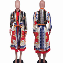 887外贸亚马逊复古民族风女装欧美印花长袖衬衫非洲连衣裙秋季