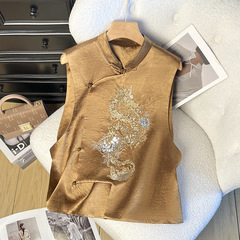 新中国式重工刺繍スパンコールノースリーブ女性ベストベスト馬甲2025新型国風カンカン肩復古馬挟み女