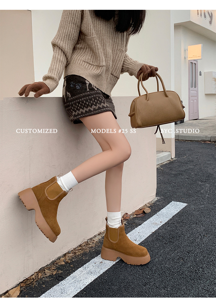 Boot Chelsea nữ da dê lót lông cừu đế dày platform ấm mùa đông — màu đen chi tiết 19
