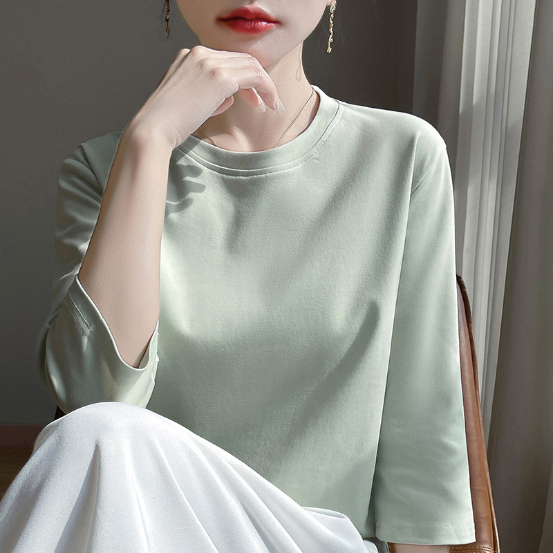 26 Spring/Summer Silk Cotton Short Sleeve T-Shirt for Women, Loose Fit, Versatile, Simple, Three-Quarter Sleeve, Elegant, Regular Shoulder Base T-Shirt