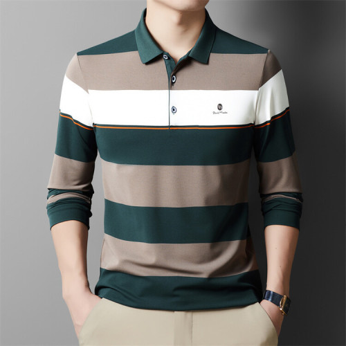 New Men's Long Sleeve T-Shirt for Autumn/Winter, Dad's Style, Colorful Striped Loose Base Layer Top