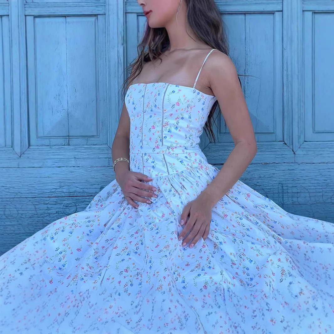 (Cross-border trading), summer sexy elegant white dress, European style, french style, slim fit, floral print