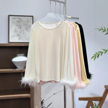 新中式国风基础款丝绒鸵鸟毛衬衫圆领显瘦百搭宽松喇叭袖打底衫