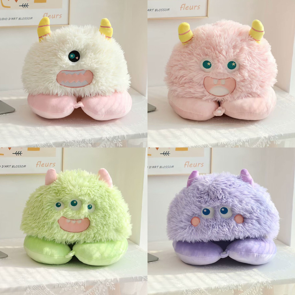 Cute Cartoon Plush Little Monster Hooded U-shaped Pillow Neck Pillow Travel Portable Aircraft Pillow Hooded U-Pillow Women's Gift