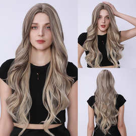 跨境亚马逊欧美中分大波浪长卷发棕金色合成假发套厂家批发