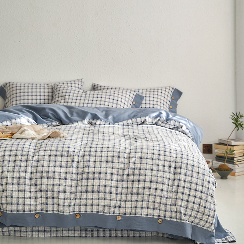 Botón cepillado ecológico impreso, un juego de algodón de cuatro piezas, otoño e invierno, cálido, sueño desnudo, kit de algodón grueso retro