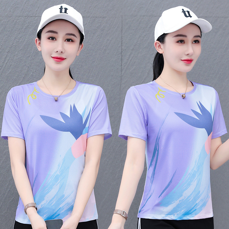 Ice Silk Elastic Quick-drying Casual Short-sleeve Round Neck Printed T-shirt Women's Summer Mesh Breathable Straight Sports T-shirt Ice Silk Elastic Quick-drying Casual Short-sleeve Round Neck Printed T-shirt Women's Summer Mesh Breathable Straight Sports T-shirt