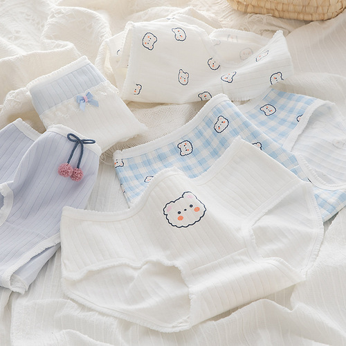 Pure Desire Blue Lady's Underwear Sweet and Cute Bear Teenage Short Shorts Mid-Thigh Hip-Hugging Triangle Pajamas 100% Cotton Mid-Thigh