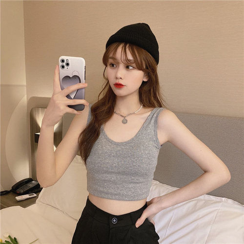 One-piece hairdressing camisole with breast pads for women, Korean style versatile short bottoming sleeveless pure lust style hot girl top for women