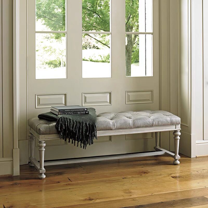 American country-style solid wood end-of-bed bench, vintage natural wood color, homestay-style dining chair stool, French-style shoe-changing bench, sofa bed couch