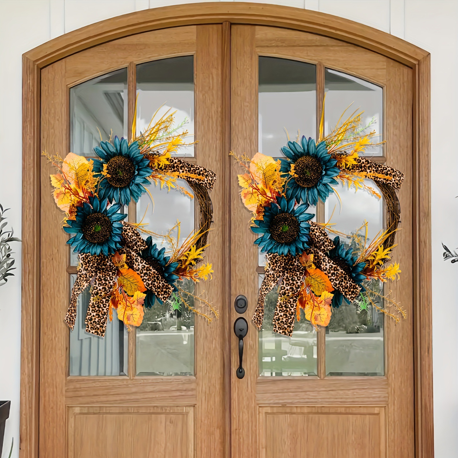 Blauer Sonnenblumenkranz für den Innenhof, Leopardenband, abgestorbener Zweig, Türdekoration, Blumen- und Weinkreis, Wandbehang, Erntezeitkranz_voghion.com