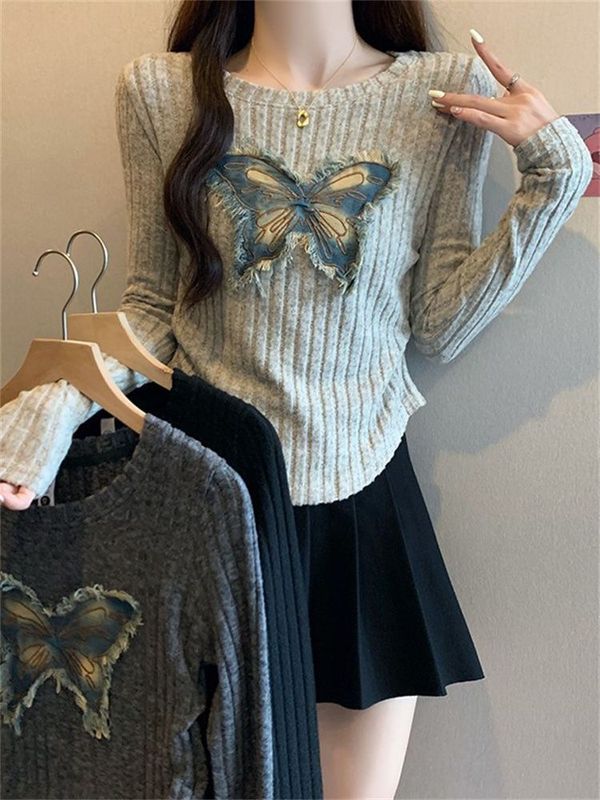 ホットガールスリムバタフライパッチショルダー長袖Tシャツレディース秋冬デザインスリムインナーレイヤリングシャツトップトレンディ|undefined