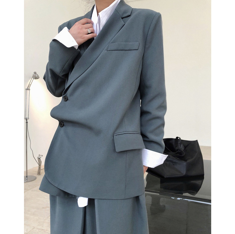 Autumn New Blogger Stylish Design Asymmetrical Placket Silhouette Loose Slimming Wide-Shoulder Blazer Jacket for Women
