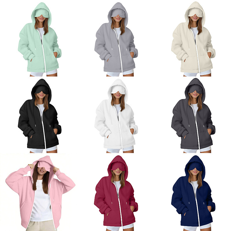 2025 Amazon European and American Autumn and Winter New Style Built-In Eye Mask Hoodie Solid Color Pullover Long-Sleeve Sweatshirt Warm Women's Clothing