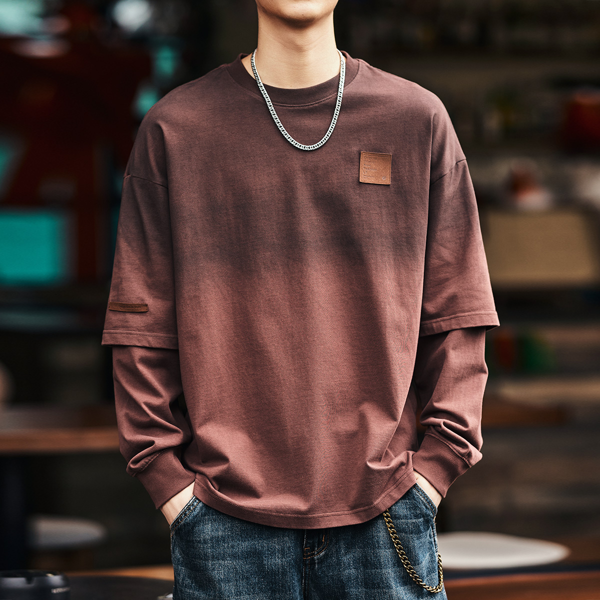 Gelan Deer 빈티지 그라디언트 와시 가짜 투피스 긴팔 티셔츠 남성용 봄과 가을 트렌디 브랜드 루즈 캐주얼 티셔츠