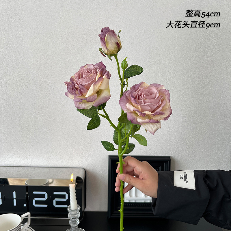 2花1蕊干枯烤边玫瑰花复古秋色仿真花假花装饰花摆件DIY花材外贸|undefined