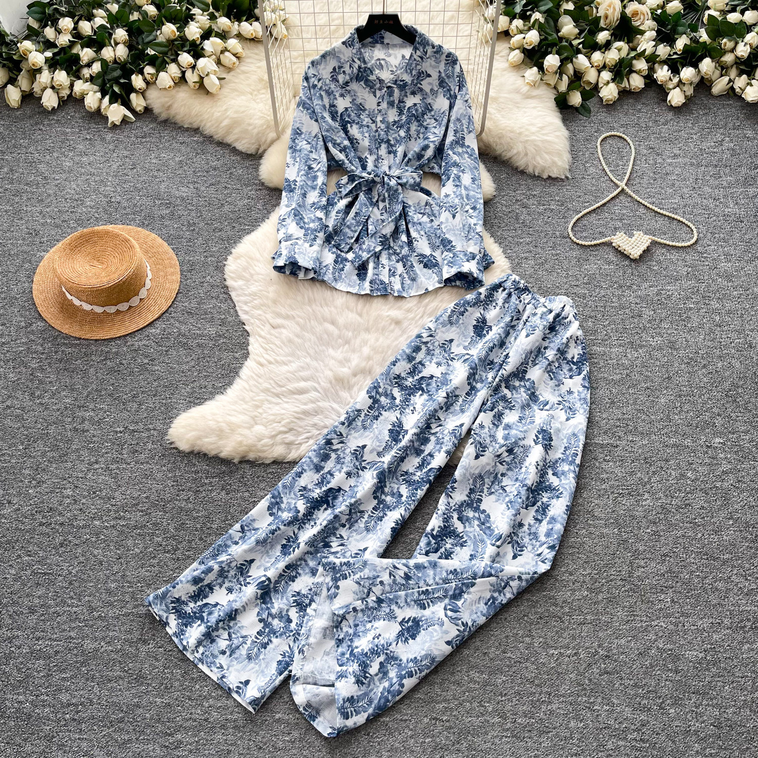 Women's Sophisticated Elegant Two Piece Set Autumn Tie up V Neck Top High Waisted Wide Leg Pants Slimming Stylish Look_ecoleips.com