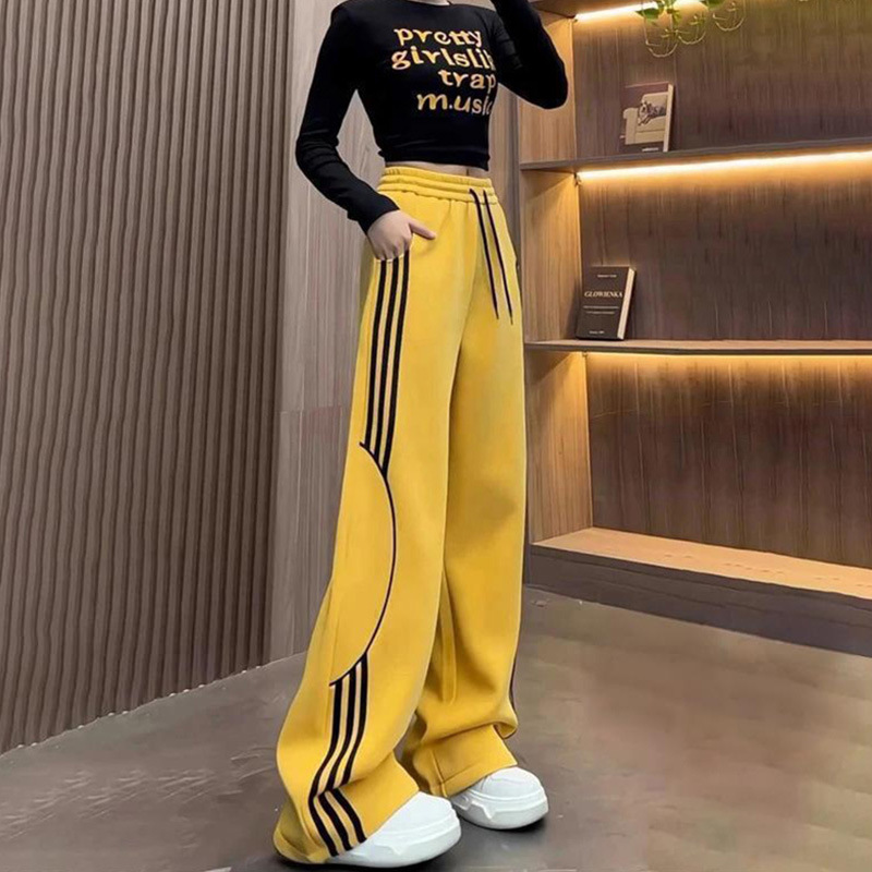 American-Style Color-Block Striped Sweatpants for Women, Trendy Brand, New Autumn Style, Drawstring, Loose Fit, Slimming, Parachute Wide-Leg, Drapey Casual Pants