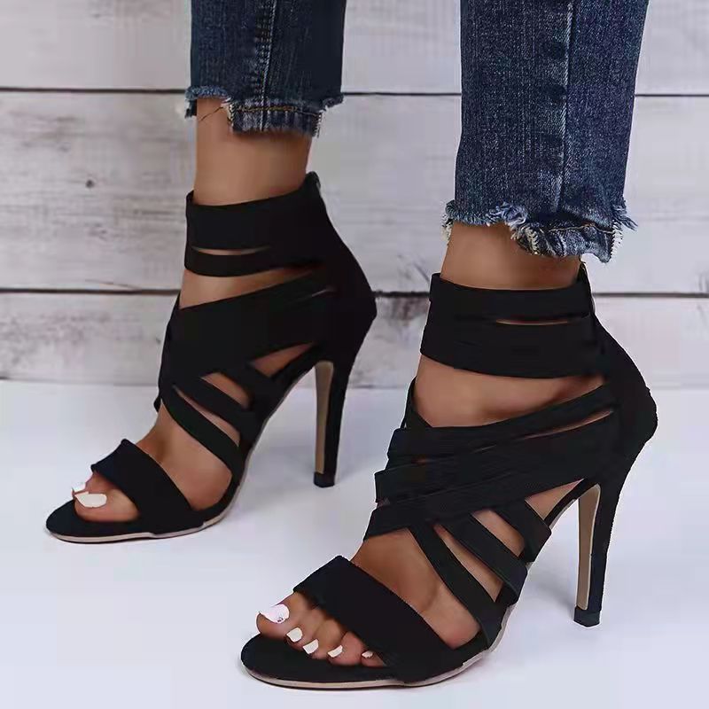 Elastic Strap High-Heeled Solid Color Stiletto Sandals NSYBJ115836