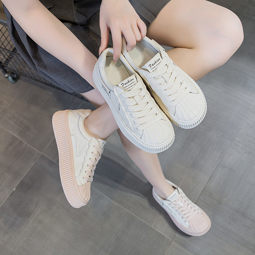 Shell toe white shoes for women 2024 spring and summer new style genuine leather breathable and comfortable casual shoes thick sole heightening lace-up sneakers